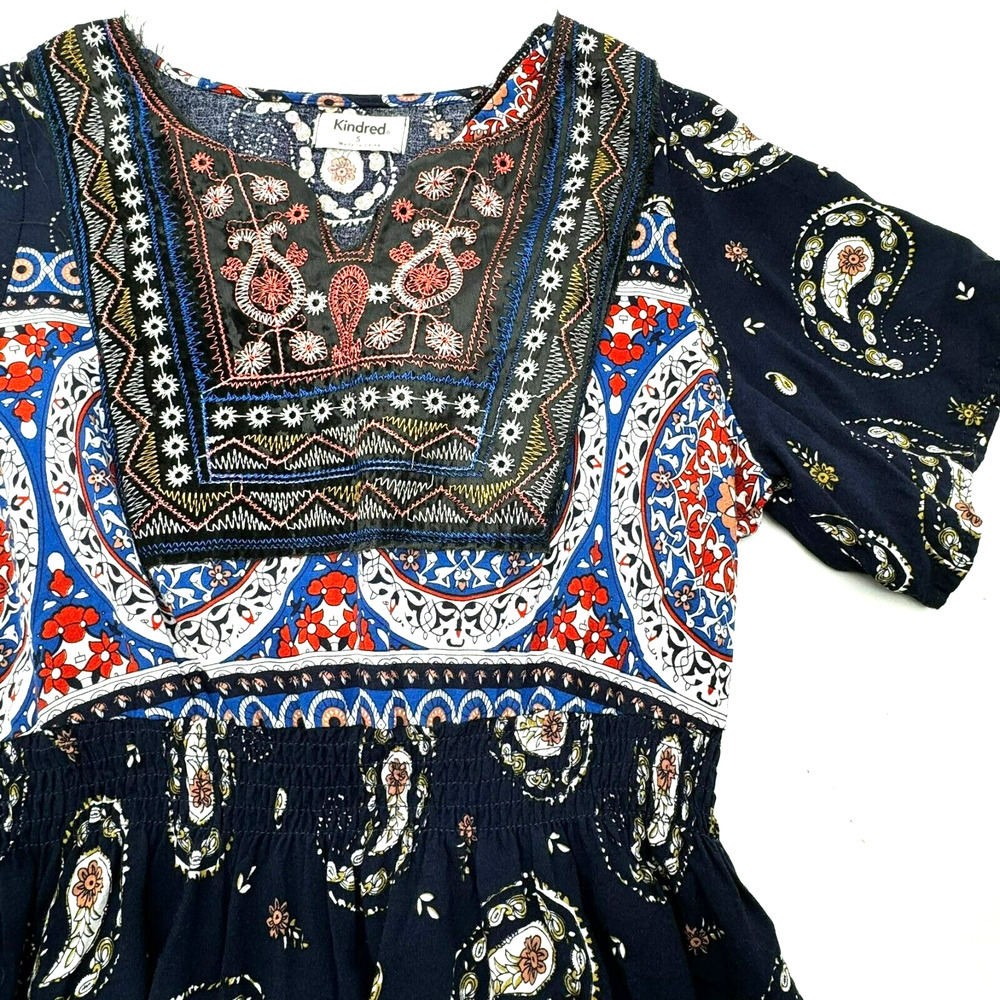 ANTHROPOLOGIE KINDRED Small Maxi Dress Embroidered Paisley Boho Smocked Hippie‎